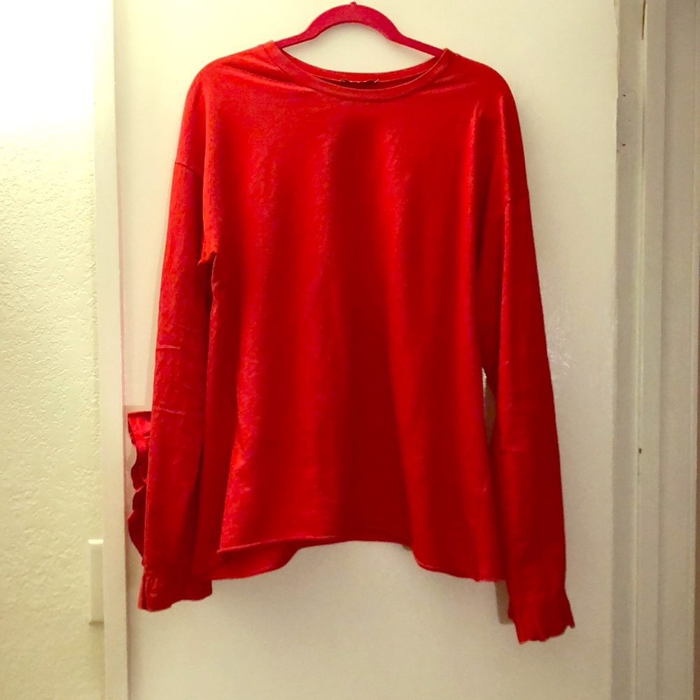 Zara red t shirt w/ruffle sleeves